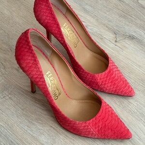 Red Salvatore Ferragamo Suede Snake Skin Heels - Size 9